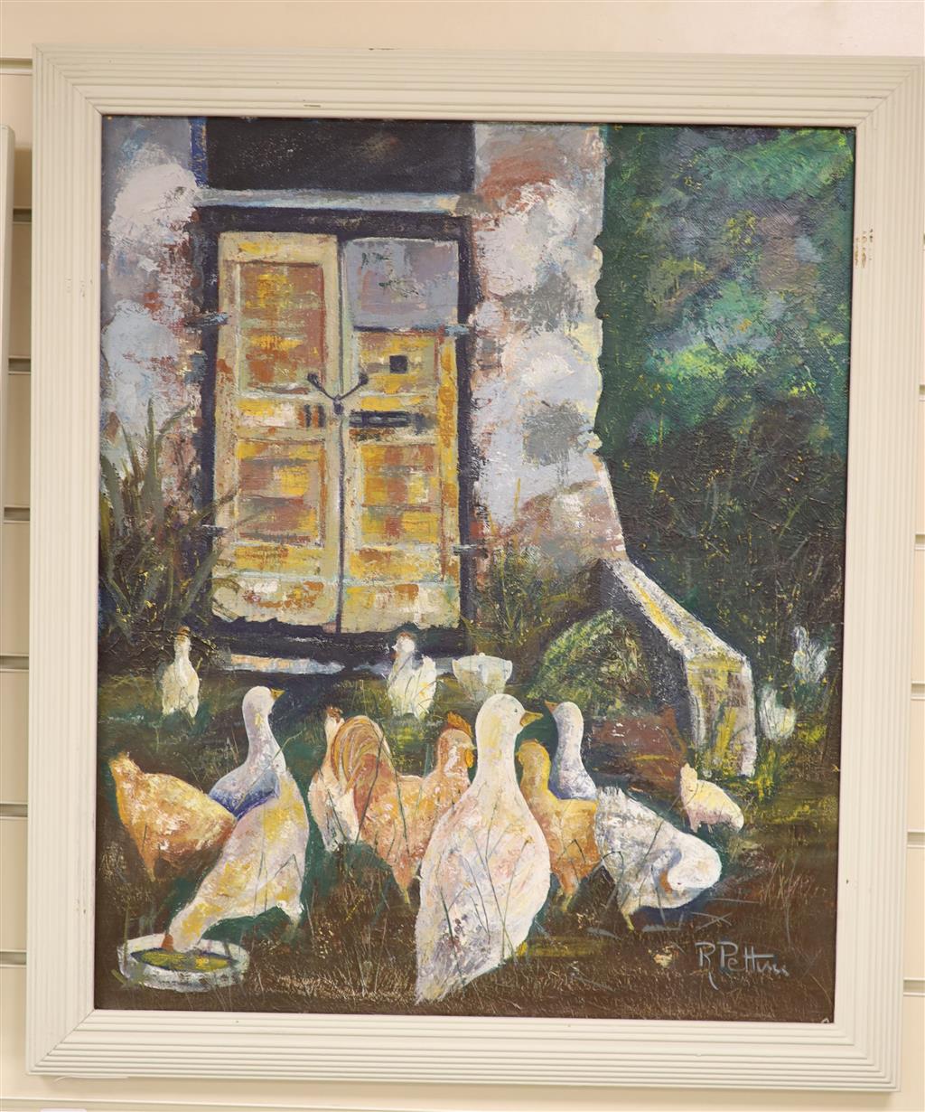 R. Pettini, oil on canvas, Poultry beside a church door, signed, 59 x 49cm